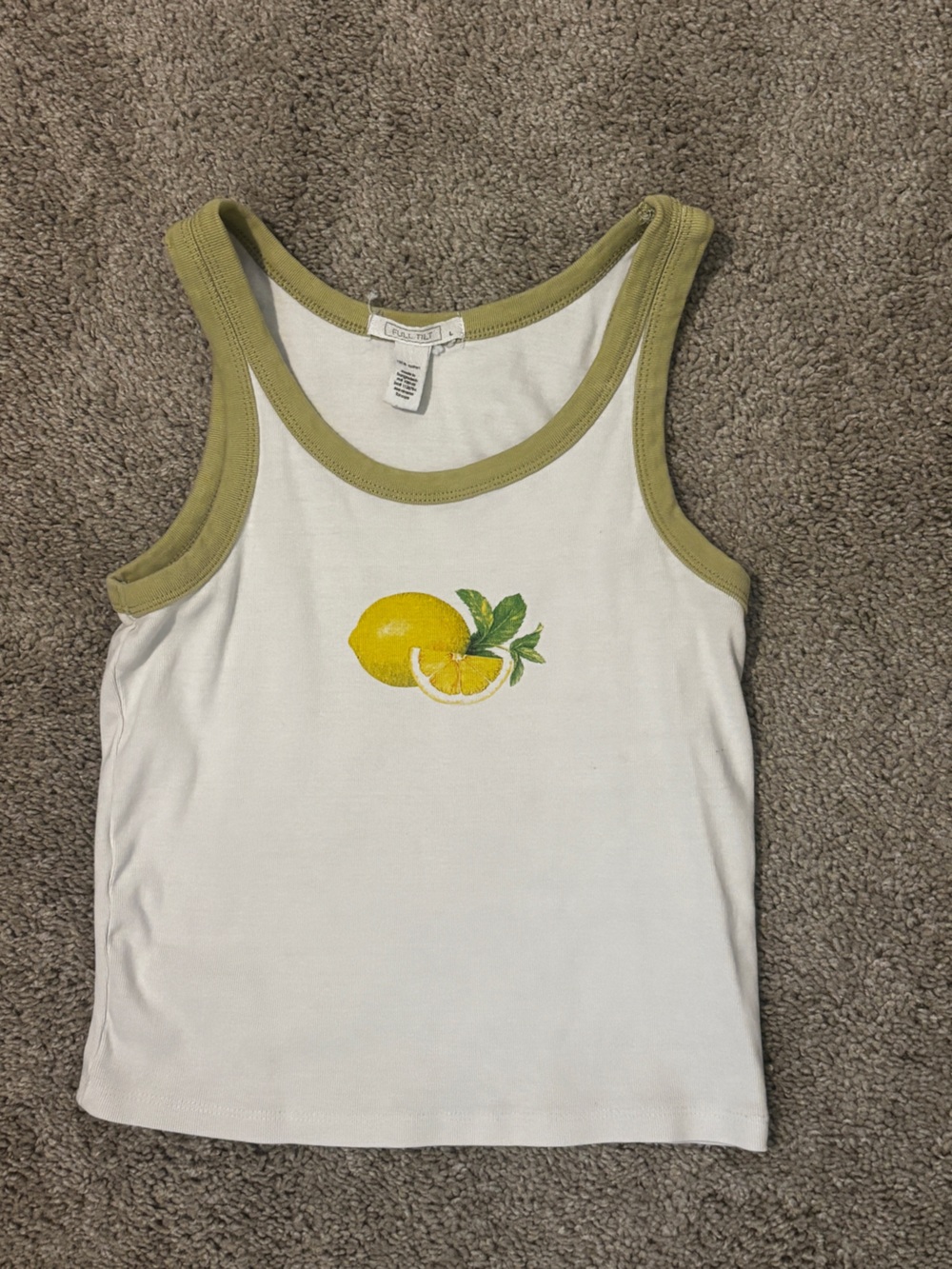Full Tilt White Tank Crop Top with Yellow Lemon Graphic and Olive Trim